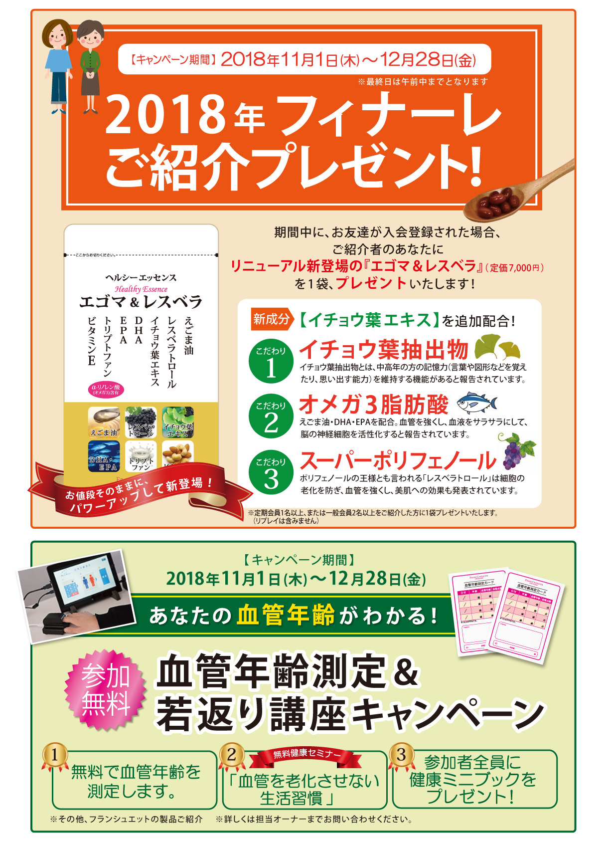受付期間2018年11月1日(木)～12月28日(金)午前中まで 2018年フィナーレご紹介プレゼント あなたの血管年齢がわかる！血管年齢測定&若返り講座キャンペーン 参加無料