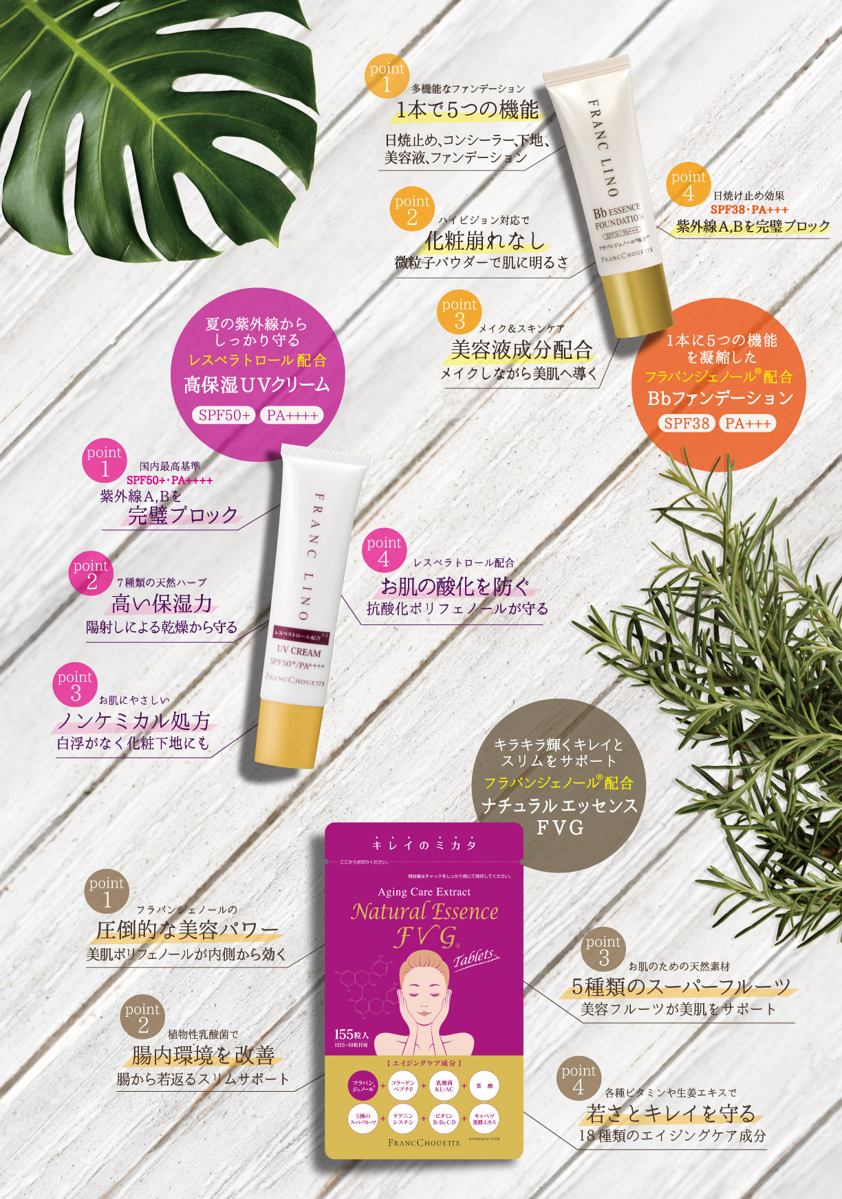 UVクリーム 国内最高基準 SPF50+・PA++++ 紫外線A,Bを完璧ブロック 7種類の天然ハーブ
高い保湿力 陽射しによる乾燥から守る お肌にやさしいノンケミカル処方 白浮がなく化粧下地にも レスベラトロール配合 お肌の酸化を防ぐ 
抗酸化ポリフェノールが守る 
Bbファンデーション 多機能なファンデーション 1本で5つの機能 日焼止め、コンシーラー、下地、美容液
 ハイビジョン対応で化粧崩れなし 微粒子パウダーで肌に明るさ メイク＆スキンケア 美容液成分配合 メイクしながら美肌へ導く 日焼け止め効果
SPF38・PA+++ 紫外線A,Bを完璧ブロック
ナチュラルエッセンスFVGタブレット フラバンジェノールの圧倒的な美容パワー 美肌ポリフェノールが内側から効く 
植物性乳酸菌で腸内環境を改善 腸から若返るスリムサポート お肌のための天然素材 ５種類のスーパーフルーツ 美容フルーツが美肌をサポート 
各種ビタミンや生姜エキスで若さとキレイを守る 18種類のエイジングケア成分