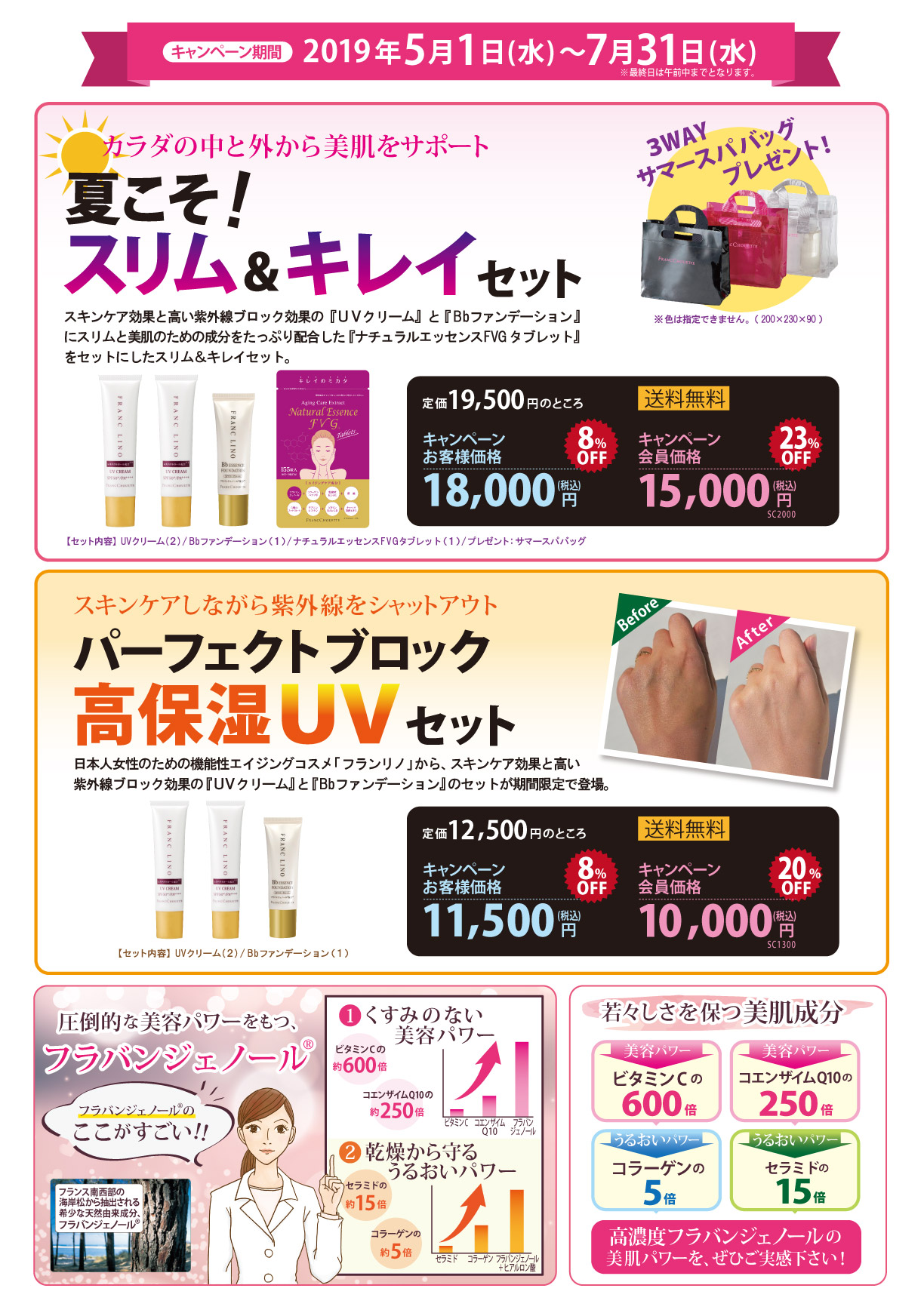 キャンペーン期間 2019年5月1日(水)～7月31日(水) 体の中と外から美肌をサポート 夏こそ！スリム＆キレイセット
定価19,500円のとことキャンペーンお客様価格18,000円(税込) キャンペーン会員様価格15,000円(税込)
スキンケアしながら紫外線をシャットアウト パーフェクトブロック高保湿UVセット 定価12,500円のとことキャンペーンお客様価格11,500円(税込) キャンペーン会員様価格10,000円(税込)